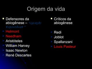 Origem da vida
 Defensores    da           Críticos da
    abiogênese – “Geração       abiogênese
    Espontânea “
   Helmont                    Redi
   Needham                    Joblot
   Aristóteles                Spallanzani
   William Harvey             Louis Pasteur
   Isaac Newton
   René Descartes
 