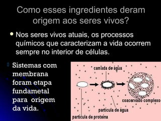 Como esses ingredientes deram
        origem aos seres vivos?
     Nosseres vivos atuais, os processos
     químicos que caracterizam a vida ocorrem
     sempre no interior de células.
   Sistemas com
    membrana
    foram etapa
    fundametal
    para origem
    da vida.
 