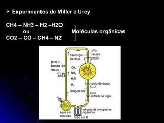  Experimentos de Miller e Urey

CH4 – NH3 – H2 –H2O
      ou                Moléculas orgânicas
CO2 – CO – CH4 – N2
 