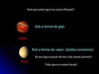 Será que existe água nos outros Planetas?




                Sob a forma de gelo


Júpiter



              Sob a forma de vapor, (ácidos corrosivos)

                Se tem água porquê não tem vida nesses planetas?
 Vênus
                         Falta água no estado líquido!
 