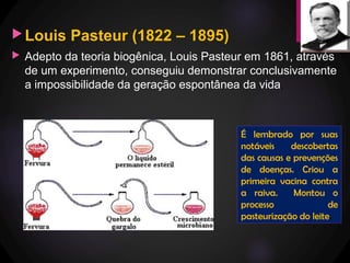 Louis Pasteur (1822 – 1895)
 Adepto da teoria biogênica, Louis Pasteur em 1861, através
de um experimento, conseguiu demonstrar conclusivamente
a impossibilidade da geração espontânea da vida.
É lembrado por suas
notáveis descobertas
das causas e prevenções
de doenças. Criou a
primeira vacina contra
a raiva. Montou o
processo de
pasteurização do leite.
 