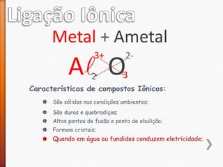 Metal + Ametal
3+

2-

2

3

Al O

Características de compostos Iônicos:
| São sólidos nas condições ambientes;
| São duros e quebradiços;
| Altos pontos de fusão e ponto de ebulição;

| Formam cristais;
| Quando em água ou fundidos conduzem eletricidade;

 