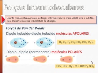 Forças de Van der Waals
Dipolo induzido-dipolo induzido moléculas APOLARES

Dipolo -dipolo (permanente) moléculas POLARES

 