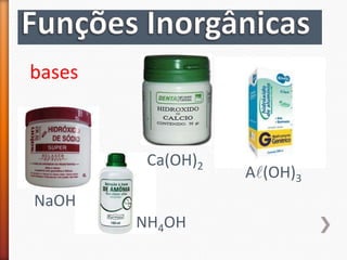 bases

Ca(OH)2
NaOH

NH4OH

Al(OH)3

 