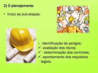 2) O planejamento
• Inclui as sub-etapas:

 - identificação

de perigos;
- avaliação dos riscos;
 - determinação dos controles;
- apontamento dos requisitos
legais;

 