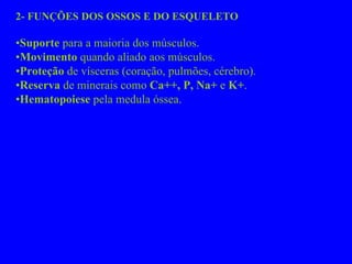 2- FUNÇÕES DOS OSSOS E DO ESQUELETO • Suporte  para a maioria dos músculos. • Movimento  quando aliado aos músculos. • Proteção  de vísceras (coração, pulmões, cérebro). • Reserva  de minerais como  Ca++, P, Na+  e  K+ . • Hematopoiese  pela medula óssea. 