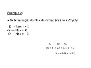 QUÍMICA, 3ª ANO
Oxirredução (Regras do Nox)
Exemplo 2:
● Determinação do Nox do Cromo (Cr) no K2Cr2O7:
K → Nox = + 1
Cr → Nox = X
O → Nox = - 2
K2 Cr2 O7
2.( + 1 ) + 2.X + 7.( - 2 ) = 0
X = + 6 (Nox do Cr).
 