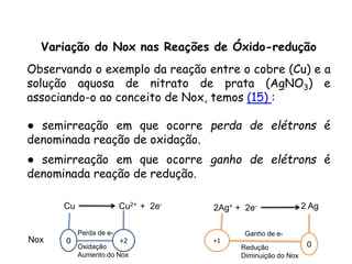 QUÍMICA, 3ª ANO
Oxirredução (Regras do Nox)
Variação do Nox nas Reações de Óxido-redução
Observando o exemplo da reação entre o cobre (Cu) e a
solução aquosa de nitrato de prata (AgNO3) e
associando-o ao conceito de Nox, temos (15) :
● semirreação em que ocorre perda de elétrons é
denominada reação de oxidação.
● semirreação em que ocorre ganho de elétrons é
denominada reação de redução.
Cu Cu2+ + 2e-
2Ag+ + 2e- 2 Ag
0 +2 +1
0
Nox
Perda de e-
Oxidação
Aumento do Nox
Ganho de e-
Redução
Diminuição do Nox
 