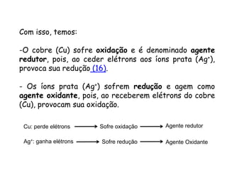QUÍMICA, 3ª ANO
Oxirredução (Regras do Nox)
Com isso, temos:
-O cobre (Cu) sofre oxidação e é denominado agente
redutor, pois, ao ceder elétrons aos íons prata (Ag+),
provoca sua redução (16).
- Os íons prata (Ag+) sofrem redução e agem como
agente oxidante, pois, ao receberem elétrons do cobre
(Cu), provocam sua oxidação.
Cu: perde elétrons Sofre oxidação Agente redutor
Sofre redução
Ag+: ganha elétrons Agente Oxidante
 