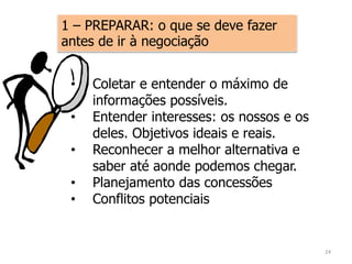 • Coletar e entender o máximo de
informações possíveis.
• Entender interesses: os nossos e os
deles. Objetivos ideais e reais.
• Reconhecer a melhor alternativa e
saber até aonde podemos chegar.
• Planejamento das concessões
• Conflitos potenciais
1 – PREPARAR: o que se deve fazer
antes de ir à negociação
24
 