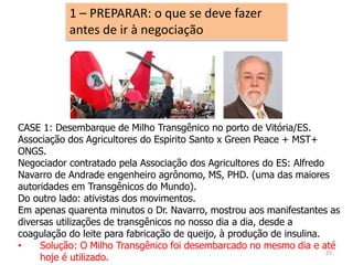 CASE 1: Desembarque de Milho Transgênico no porto de Vitória/ES.
Associação dos Agricultores do Espirito Santo x Green Peace + MST+
ONGS.
Negociador contratado pela Associação dos Agricultores do ES: Alfredo
Navarro de Andrade engenheiro agrônomo, MS, PHD. (uma das maiores
autoridades em Transgênicos do Mundo).
Do outro lado: ativistas dos movimentos.
Em apenas quarenta minutos o Dr. Navarro, mostrou aos manifestantes as
diversas utilizações de transgênicos no nosso dia a dia, desde a
coagulação do leite para fabricação de queijo, à produção de insulina.
• Solução: O Milho Transgênico foi desembarcado no mesmo dia e até
hoje é utilizado.
1 – PREPARAR: o que se deve fazer
antes de ir à negociação
25
 