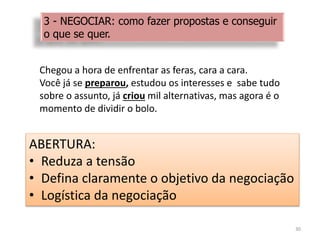 Chegou a hora de enfrentar as feras, cara a cara.
Você já se preparou, estudou os interesses e sabe tudo
sobre o assunto, já criou mil alternativas, mas agora é o
momento de dividir o bolo.
ABERTURA:
• Reduza a tensão
• Defina claramente o objetivo da negociação
• Logística da negociação
30
3 - NEGOCIAR: como fazer propostas e conseguir
o que se quer.
 