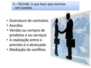 • Assinatura de contratos.
• Acordos
• Vendas ou compra de
produtos e ou serviços
• A realização entre o
previsto e o alcançado
• Mediação de conflitos
40
4 – FECHAR: O que fazer para terminar
com sucesso.
 