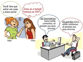 6
Como se a balada
começa as 11h?
Você tem que
estar em casa
a meia noite!
Os funcionários
nunca estão
contentes, só
pensam nos seus
direitos.
Os patrões nunca
estão contentes,
só pensam nos
seus direitos.
Mãe Filha
 