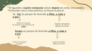 II. Quando o sujeito composto estiver depois do verbo, este poderá
concordar com o mais próximo, ou ficará no plural.
Ex.: Foi ao parque de diversão o filho, a mãe e
o pai.
Verbo na 3ª pessoa
do singular, concordando com
o filho
Sujeito composto
depois do verbo
Foram ao parque de diversão o filho, a mãe e
o pai.
verbo na 3ª pessoa
do plural
sujeito composto
depois do verbo
 
