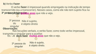 b) Verbo Fazer
O verbo fazer é impessoal quando empregado na indicação de tempo
transcorrido (ou a transcorrer). Nesses casos, como ele não tem sujeito fica na
3ª pessoa do singular.
Ex.: Já faz muitos anos que não a vejo.
3ª pessoa
do
singular
Não é sujeito,
é objeto direto
Observação:
Nas locuções verbais, o verbo fazer, como todo verbo impessoal,
transmite o singular para o auxiliar.
Ex.: Já deve fazer muitos anos que não a vejo.
3ª pessoa do
singular
Não é sujeito,
é objeto direto.
 