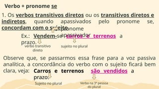 Verbo + pronome se
1. Os verbos transitivos diretos ou os transitivos diretos e
indiretos, quando apassivados pelo pronome se,
concordam com o sujeito.
Ex.: Vendem-se carros e terrenos a
prazo.
verbo transitivo
direto
sujeito no plural
Observe que, se passarmos essa frase para a voz passiva
analítica, a concordância do verbo com o sujeito ficará bem
clara, veja: Carros e terrenos são vendidos a
prazo.
Sujeito no plural Verbo na 3ª pessoa
do plural
pronome
apassivador
 