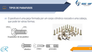 TIPOS DE PARAFUSOS
▰ O parafuso é uma peça formada por um corpo cilíndrico roscado e uma cabeça,
que pode ter várias formas.
13
 