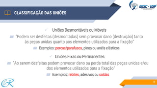 CLASSIFICAÇÃO DAS UNIÕES
2
✓ Uniões Desmontáveis ou Móveis
▰ “Podem ser desfeitas (desmontadas) sem provocar dano (destruição) tanto
às peças unidas quanto aos elementos utilizados para a fixação”
▰ Exemplos: porcas/parafusos, pinos ou anéis elásticos
✓ Uniões Fixas ou Permanentes
▰ “Ao serem desfeitas podem provocar dano ou perda total das peças unidas e/ou
dos elementos utilizados para a fixação”
▰ Exemplos: rebites, adesivos ou soldas
 