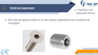 TIPOS DE PARAFUSOS
21
▰ Parafuso com
sextavado interno
▰ Esse tipo de parafuso pode ter ou não cabeça, dependendo das condições de
montagem.
 