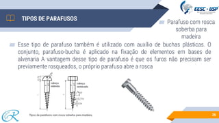 ▰ Esse tipo de parafuso também é utilizado com auxílio de buchas plásticas. O
conjunto, parafuso-bucha é aplicado na fixação de elementos em bases de
alvenaria A vantagem desse tipo de parafuso é que os furos não precisam ser
previamente rosqueados, o próprio parafuso abre a rosca
26
TIPOS DE PARAFUSOS
▰ Parafuso com rosca
soberba para
madeira
 