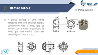 TIPOS DE PORCAS
▰ A porca castelo e uma porca
hexagonal com seis entalhes radiais,
coincidentes dois a dois, que se
alinham com um furo no parafuso, de
modo que uma cupilha possa ser
passada para travar a porca.
29
▰ Porca castelo
 