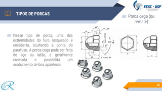 ▰ Nesse tipo de porca, uma das
extremidades do furo rosqueado e
encoberta, ocultando a ponta do
parafuso. A porca cega pode ser feita
de aço ou latão, e geralmente
cromada e possibilita um
acabamento de boa aparência.
30
TIPOS DE PORCAS
▰ Porca cega (ou
remate)
 