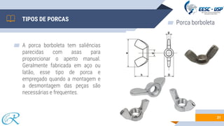 ▰ A porca borboleta tem saliências
parecidas com asas para
proporcionar o aperto manual.
Geralmente fabricada em aço ou
latão, esse tipo de porca e
empregado quando a montagem e
a desmontagem das peças são
necessárias e frequentes.
31
TIPOS DE PORCAS
▰ Porca borboleta
 