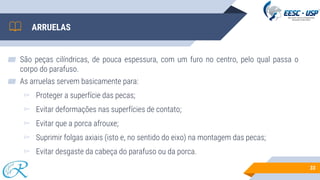 ARRUELAS
▰ São peças cilíndricas, de pouca espessura, com um furo no centro, pelo qual passa o
corpo do parafuso.
▰ As arruelas servem basicamente para:
▻ Proteger a superfície das pecas;
▻ Evitar deformações nas superfícies de contato;
▻ Evitar que a porca afrouxe;
▻ Suprimir folgas axiais (isto e, no sentido do eixo) na montagem das pecas;
▻ Evitar desgaste da cabeça do parafuso ou da porca.
33
 