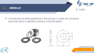 ARRUELAS
▰ A arruela lisa (ou plana) geralmente e feita de aço e é usada sob uma porca
para evitar danos a superfície e distribuir a forca do aperto.
34
▰ Lisas
 