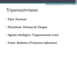 Tripanossimíases

• Tipo: Zoonose

• Parasitose: Doença de Chagas

• Agente etiológico: Trypanosoma cruzi

• Vetor: Barbeiro (Triatoma infestans)
 