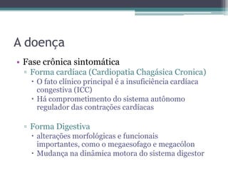 A doença
• Fase crônica sintomática
 ▫ Forma cardíaca (Cardiopatia Chagásica Cronica)
    O fato clínico principal é a insuficiência cardíaca
     congestiva (ICC)
    Há comprometimento do sistema autônomo
     regulador das contrações cardíacas

 ▫ Forma Digestiva
    alterações morfológicas e funcionais
     importantes, como o megaesofago e megacólon
    Mudança na dinâmica motora do sistema digestor
 