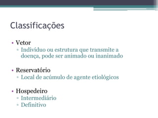 Classificações
• Vetor
 ▫ Indivíduo ou estrutura que transmite a
   doença, pode ser animado ou inanimado

• Reservatório
 ▫ Local de acúmulo de agente etiológicos

• Hospedeiro
 ▫ Intermediário
 ▫ Definitivo
 