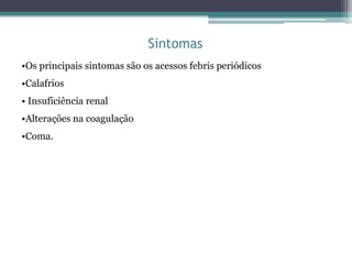 Sintomas
•Os principais sintomas são os acessos febris periódicos
•Calafrios
• Insuficiência renal
•Alterações na coagulação
•Coma.
 