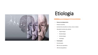 Etiologia
• Doença neurodegenerativa
• Perda de neurônios
• Acúmulo de α-sinucleína no córtex, tronco e medula
• Alterações funcionais dos sistemas
• Dopaminérgico
• Noradrenérgico
• Serotoninérgico
• Colinérgico
• Proteínopatia
• Sinucleinopatia
• 90% de casos esporádicos
• 10% de casos genéticos
 