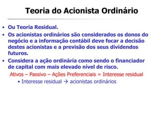 • Ou Teoria Residual.
• Os acionistas ordinários são considerados os donos do
negócio e a informação contábil deve focar a decisão
destes acionistas e a previsão dos seus dividendos
futuros.
• Considera a ação ordinária como sendo o financiador
de capital com mais elevado nível de risco.
Ativos – Passivo – Ações Preferenciais = Interesse residual
• Interesse residual  acionistas ordinários
Teoria do Acionista Ordinário
 