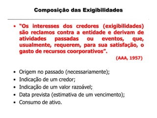Composição das Exigibilidades
• “Os interesses dos credores (exigibilidades)
são reclamos contra a entidade e derivam de
atividades passadas ou eventos, que,
usualmente, requerem, para sua satisfação, o
gasto de recursos coorporativos”.
(AAA, 1957)
• Origem no passado (necessariamente);
• Indicação de um credor;
• Indicação de um valor razoável;
• Data prevista (estimativa de um vencimento);
• Consumo de ativo.
 