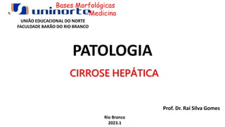 PATOLOGIA
Prof. Dr. Raí Silva Gomes
Rio Branco
2023.1
CIRROSE HEPÁTICA
UNIÃO EDUCACIONAL DO NORTE
FACULDADE BARÃO DO RIO BRANCO
Bases Morfológicas
Medicina
 