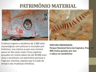 PATRIMÔNIO MATERIAL
O (Iphan) registra a existência de 2 000 sítios
arqueológicos com pinturas e inscrições pré-
históricas, mas estima-se que esse número
possa ser dez vezes maior. Esses registros
gravados em rochas datam de até 40 000 anos
atrás e constituem um patrimônio precioso e
frágil por natureza, exposto que é à ação do
tempo e das mudanças climáticas.
PINTURA PRESERVADA
Parque Nacional Serra da Capivara, Piauí: 10
000 visitas guiadas por ano
e adeus ao vandalismo
 