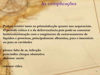 11
Podem ocorrer tanto na primoinfecção quanto nas sequenciais.
O período crítico é o da defervescência pois pode-se constatar
hemoconcentração com o surgimento de extravasamento de
líquidos e proteínas, principalmente albumina, para o interstício
ou para as cavidades
pleura: falta de ar, infecção
pericárdio: choque obstrutivo
abdome: ascite
mostrar vídeo
As complicações
 