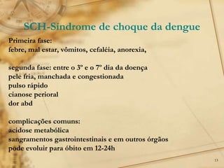 13
Primeira fase:
febre, mal estar, vômitos, cefaléia, anorexia,
segunda fase: entre o 3º e o 7º dia da doença
pele fria, manchada e congestionada
pulso rápido
cianose perioral
dor abd
complicações comuns:
acidose metabólica
sangramentos gastrointestinais e em outros órgãos
pode evoluir para óbito em 12-24h
SCH-Síndrome de choque da dengue
 