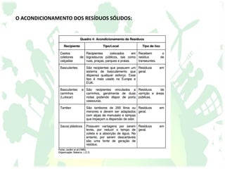 O ACONDICIONAMENTO DOS RESÍDUOS SÓLIDOS:
 