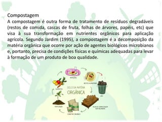 Compostagem
A compostagem é outra forma de tratamento de resíduos degradáveis
(restos de comida, cascas de fruta, folhas de árvores, papéis, etc) que
visa à sua transformação em nutrientes orgânicos para aplicação
agrícola. Segundo Jardim (1995), a compostagem é a decomposição da
matéria orgânica que ocorre por ação de agentes biológicos microbianos
e, portanto, precisa de condições físicas e químicas adequadas para levar
à formação de um produto de boa qualidade.
 