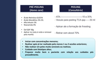 PRÉ-PEELING
(Home care)
PEELING
(Consultório)
• Iniciar com concentrações menores;
• Realizar após já ter realizado pelo menos 1 ou 2 sessões anteriores;
• Não realizar em peles muito sensíveis ou reativas;
• Cuidado com fototipos altos;
• Preparar muito bem o paciente com relação aos cuidados pós
procedimento.
• Ácido Retinóico 0,025%
• Ácido Mandélico 3%-5%
• Alfa Arbutin 3%
• Niaciamida 4%
• Gel QSP 30g
• Aplicar no rosto à noite e remover
pela manhã.
 