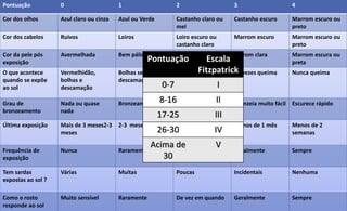 Pontuação 0 1 2 3 4
Cor dos olhos Azul claro ou cinza Azul ou Verde Castanho claro ou
mel
Castanho escuro Marrom escuro ou
preto
Cor dos cabelos Ruivos Loiros Loiro escuro ou
castanho claro
Marrom escuro Marrom escuro ou
preto
Cor da pele pós
exposição
Avermelhada Bem pálida Pálida com bege Marom clara Marrom escura ou
preta
O que acontece
quando se expõe
ao sol
Vermelhidão,
bolhas e
descamação
Bolhas seguidas de
descamação
Queima, ás vezes
descama
Ás vezes queima Nunca queima
Grau de
bronzeamento
Nada ou quase
nada
Bronzeamento leve Bronzeamento
razoável
Bronzeia muito fácil Escurece rápido
Última exposição Mais de 3 meses2-3
meses
2-3 meses 1-2 meses Menos de 1 mês Menos de 2
semanas
Frequência de
exposição
Nunca Raramente De vez em quando Geralmente Sempre
Tem sardas
expostas ao sol ?
Várias Muitas Poucas Incidentais Nenhuma
Como o rosto
responde ao sol
Muito sensível Raramente De vez em quando Geralmente Sempre
Pontuação Escala
Fitzpatrick
0-7 I
8-16 II
17-25 III
26-30 IV
Acima de
30
V
 