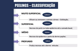 MUITO SUPERFICIAL
SUPERFICIAL
MÉDIO
PROFUNDO
Afinam ou removem o extrato córneo – Esfoliação;
Necrose de parte ou toda epiderme até a camada basal;
Necrose da epiderme e parte da derme papilar;
Produz necrose até a derme reticular.
0,06mm
0,45mm
0,6mm
0,8mm
PEELINGS – CLASSIFICAÇÃO
 