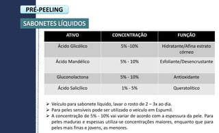 ATIVO CONCENTRAÇÃO FUNÇÃO
Ácido Glicólico 5% -10% Hidratante/Afina estrato
córneo
Ácido Mandélico 5% - 10% Esfoliante/Desencrustante
Gluconolactona 5% - 10% Antioxidante
Ácido Salicílico 1% - 5% Queratolítico
 Veículo para sabonete líquido, lavar o rosto de 2 – 3x ao dia.
 Para peles sensíveis pode ser utilizado o veículo em Espumil.
 A concentração de 5% - 10% vai variar de acordo com a espessura da pele. Para
peles maduras e espessas utiliza-se concentrações maiores, enquanto que para
peles mais finas e jovens, as menores.
PRÉ-PEELING
 