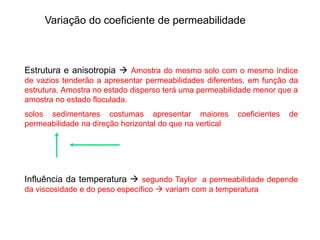 Variação do coeficiente de permeabilidade
Estrutura e anisotropia  Amostra do mesmo solo com o mesmo índice
de vazios tenderão a apresentar permeabilidades diferentes, em função da
estrutura. Amostra no estado disperso terá uma permeabilidade menor que a
amostra no estado floculada.
solos sedimentares costumas apresentar maiores coeficientes de
permeabilidade na direção horizontal do que na vertical
Influência da temperatura  segundo Taylor a permeabilidade depende
da viscosidade e do peso específico  variam com a temperatura
 