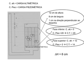 12 cm de altura
8 cm de largura
1 cm na direção perpendicular ao
desenho
Face inferior: C. alt.= 0
C. Piez.=20  C.T. = 20
Face superior: C. alt. = 12
C. Piez.= 2  C.T. = 14
∆H = 6 cm
1
2
3
4
C. alt.= CARGA ALTIMÉTRICA
C. Piez.= CARGA PIEZOMÉTRICA
Ref zero da CARGA ALTIMÉTRICA
 