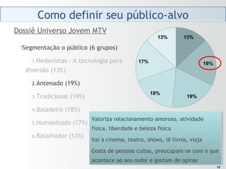 1818
Segmentação o público (6 grupos)
1.Hedonistas - A tecnologia para
diversão (13%)
2.Antenado (19%)
3.Tradicional (19%)
4.Baladeiro (18%)
5.Humanizado (17%)
6.Batalhador (13%)
Dossiê Universo Jovem MTV
Valoriza relacionamento amoroso, atividade
física, liberdade e beleza física
Vai a cinema, teatro, shows, lê livros, viaja
Gosta de pessoas cultas, preocupam-se com o que
acontece ao seu redor e gostam de opinar
Valoriza relacionamento amoroso, atividade
física, liberdade e beleza física
Vai a cinema, teatro, shows, lê livros, viaja
Gosta de pessoas cultas, preocupam-se com o que
acontece ao seu redor e gostam de opinar
 